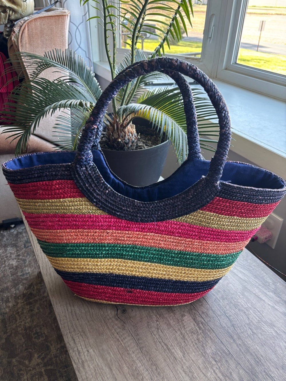 Striped Multicolor Straw Tote with Navy Trim
